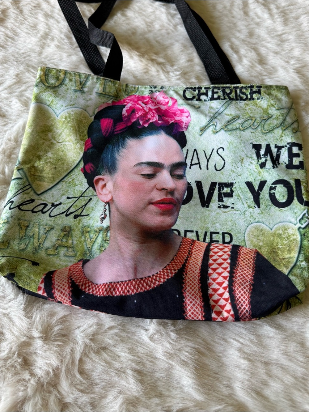 Frida kahlo Green Canvas Art-Print Tote with Floral Accent